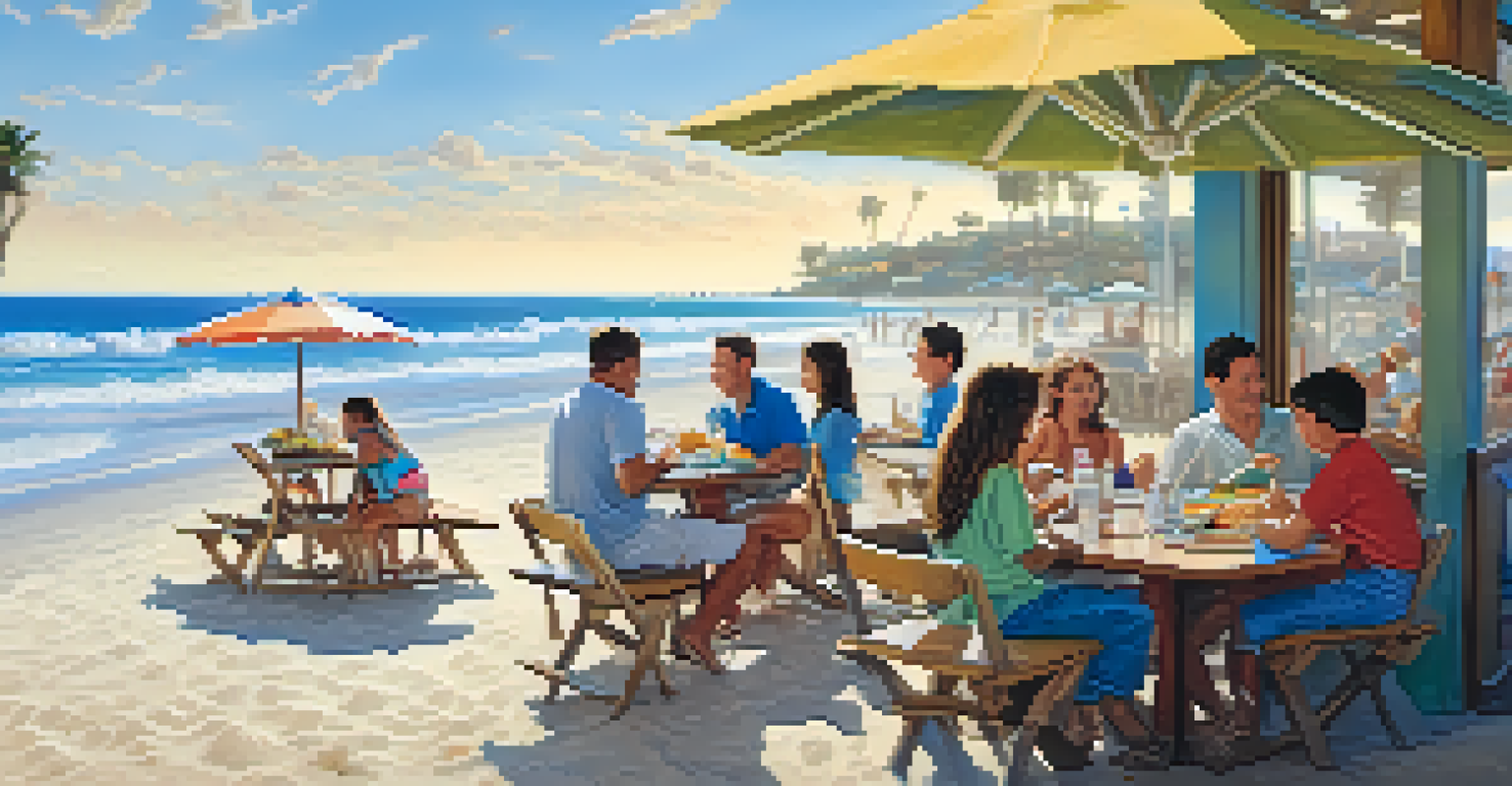 A family dining at a beachside restaurant with seafood dishes and a view of the beach.