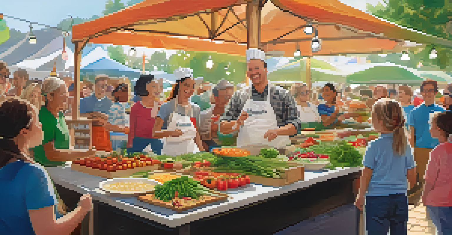 A chef conducting a cooking demonstration at a farmers market, engaging with the audience.