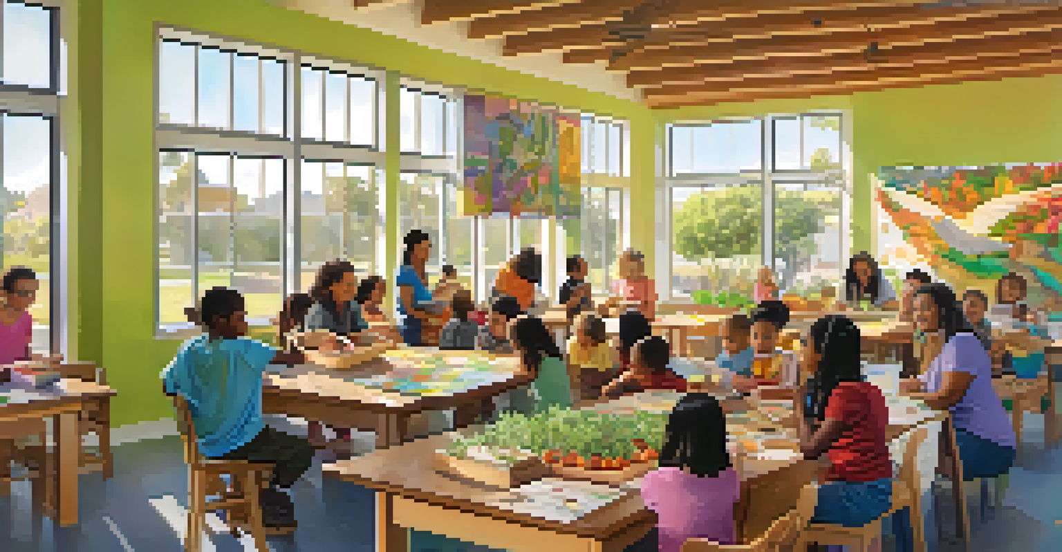 A community workshop in Carlsbad with adults and children learning about gardening and composting, surrounded by educational charts and sunlight.