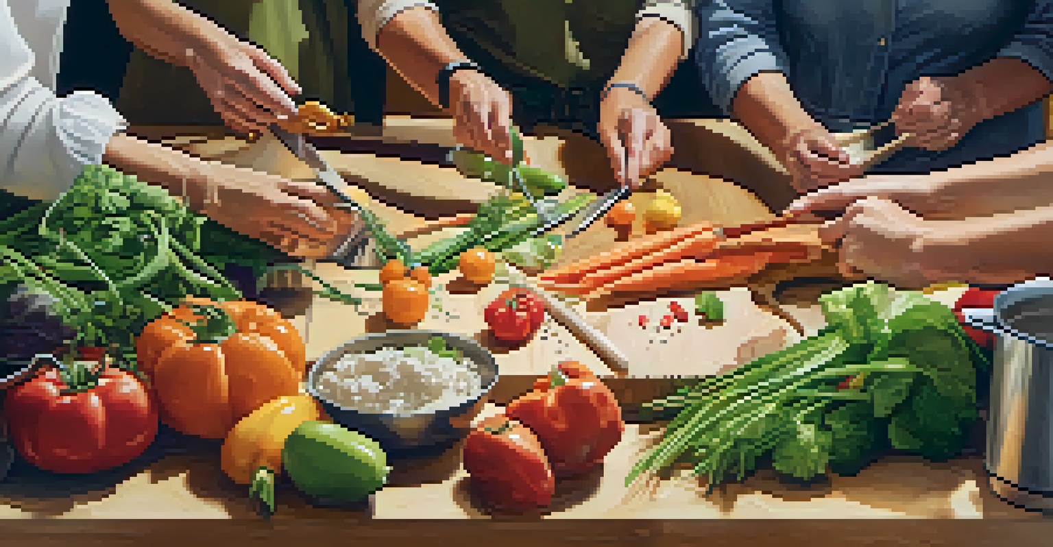 Adults in a cooking class in Carlsbad, preparing fresh ingredients on a table with warm lighting.