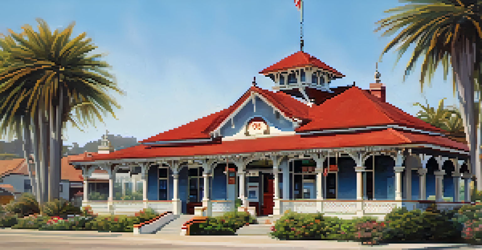 The Historic Carlsbad Depot with Mission-style architecture surrounded by greenery and a clear blue sky.