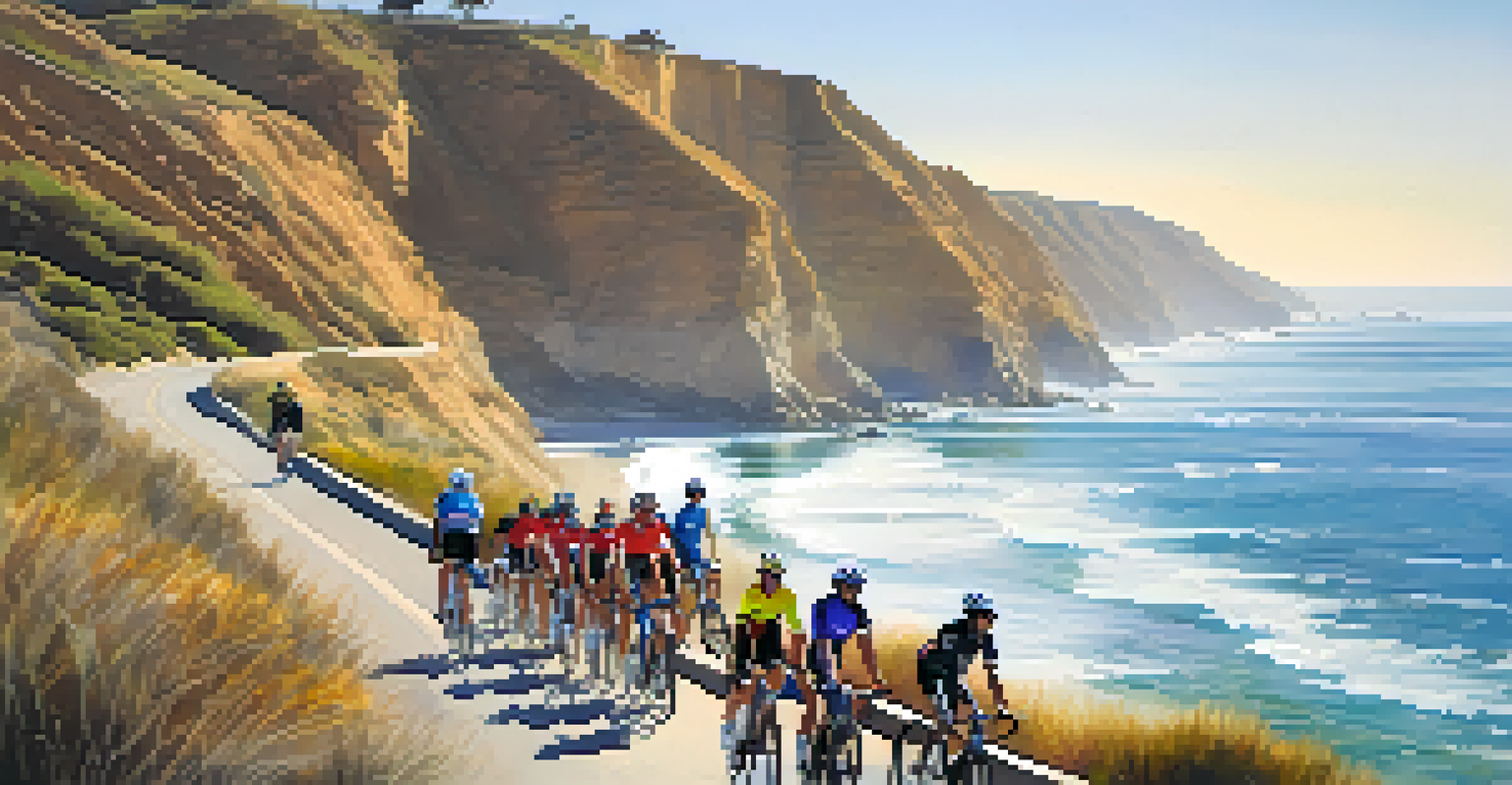 A group of cyclists riding on a coastal trail with the ocean and cliffs in the background.