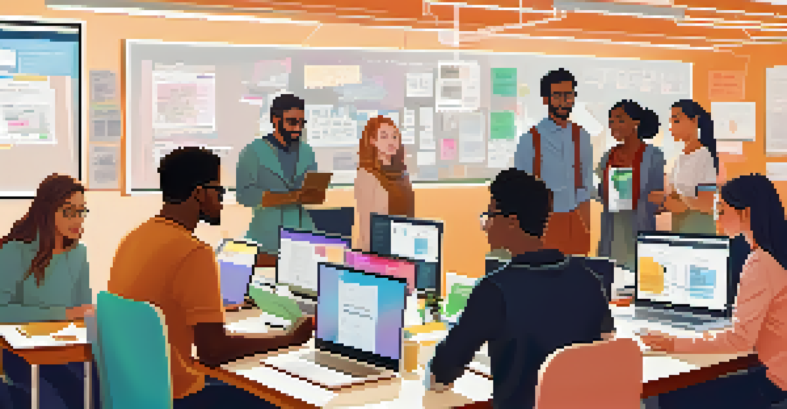 Diverse university students collaborating on a tech project in a modern classroom.