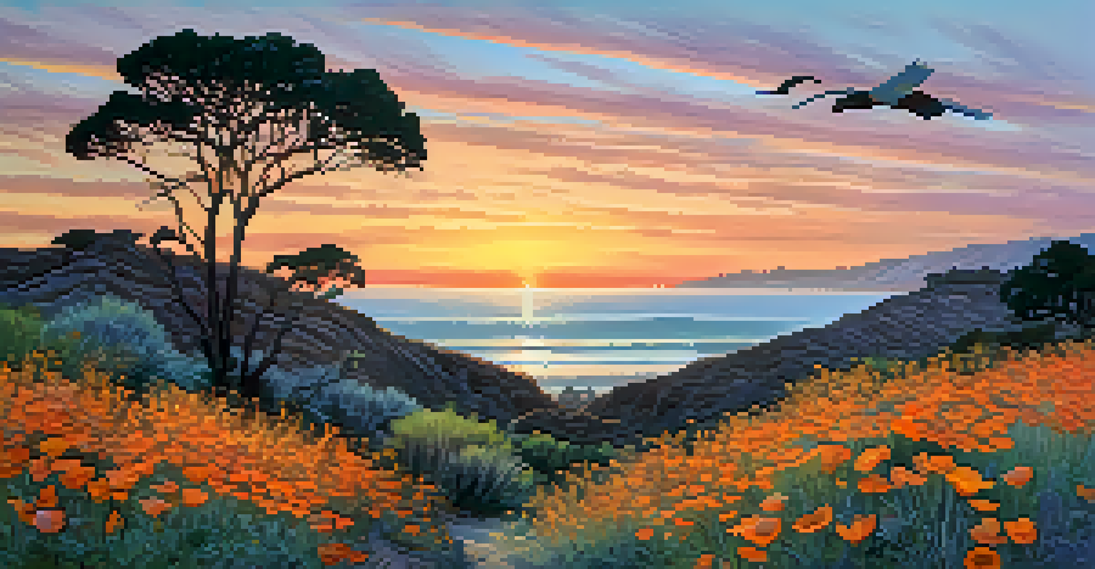 A sunset view of Carlsbad's coastal sage scrub with California poppies and birds flying against a colorful sky.