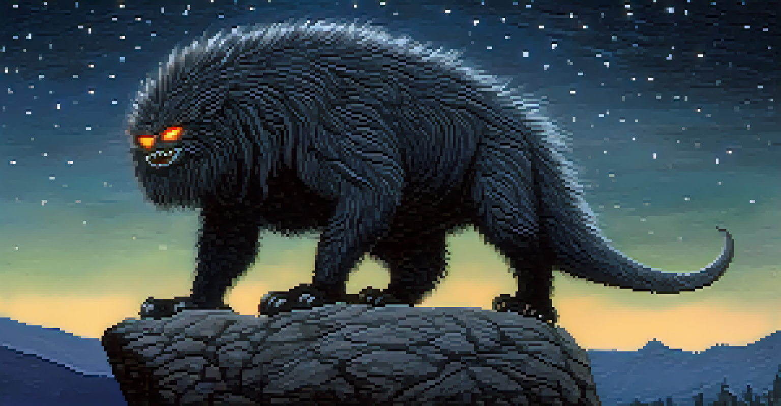 A large, hairy creature with glowing eyes on a rocky outcrop under a starry night sky, representing the Carlsbad Monster.