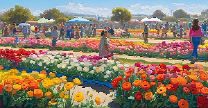 A lively spring festival with families enjoying colorful ranunculus flowers in Carlsbad.