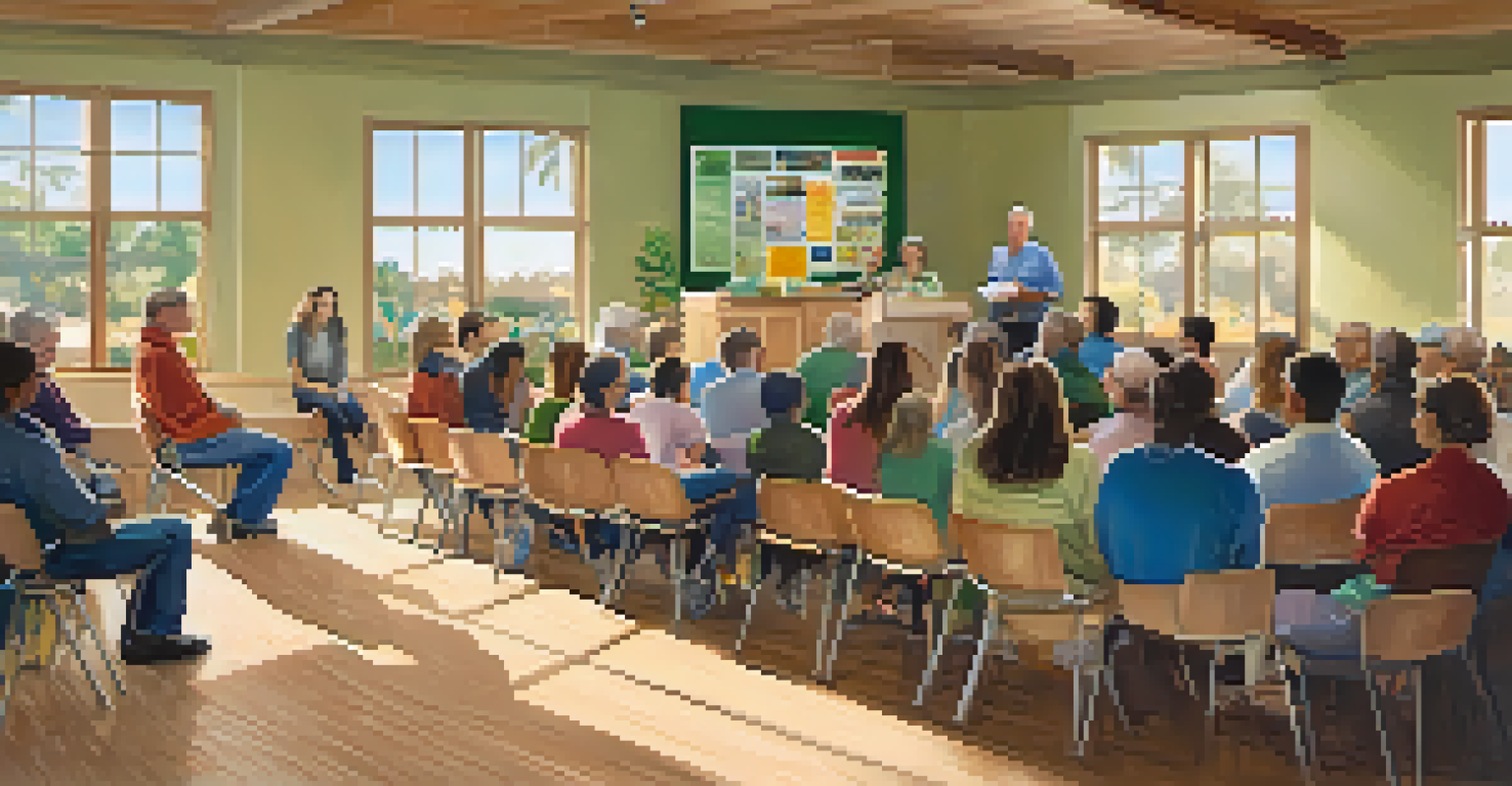 A workshop on recycling with engaged residents listening to a speaker, bright posters on the walls, and natural light illuminating the room.