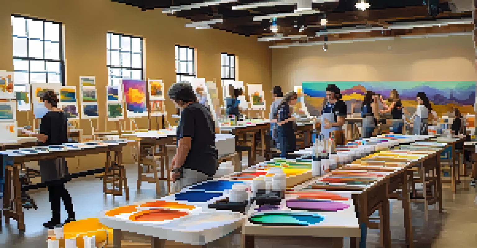 Students engaged in painting and pottery in a vibrant artistic workspace at the Carlsbad Arts Center, surrounded by colorful art supplies.