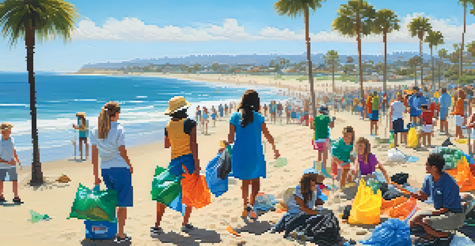 A diverse group of volunteers cleaning up a beach in Carlsbad, surrounded by palm trees under a blue sky.