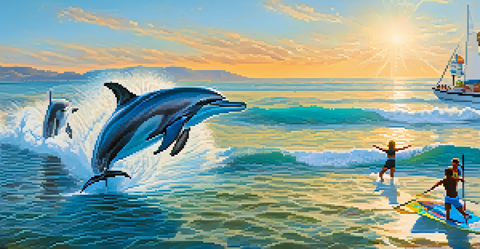 A lively summer beach scene in Carlsbad with dolphins swimming near paddleboarders and a humpback whale breaching in the background under bright sunlight.