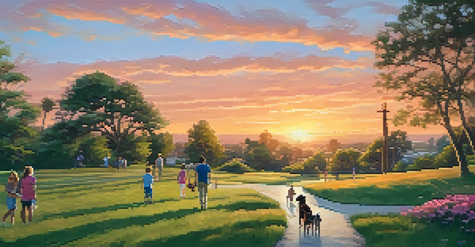 Families enjoying sunset at Stagecoach Park with children playing and a dog-friendly area.