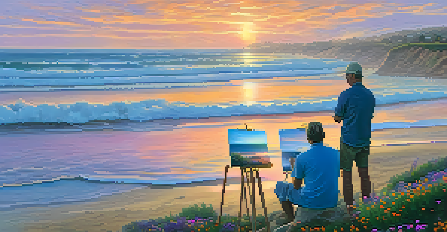 A coastal sunset view in Carlsbad with artists painting the scenery, featuring vibrant sky colors and calm ocean waves.