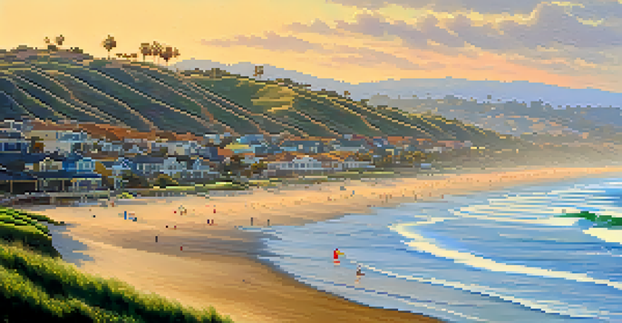 A tranquil sunset at Tamarack Beach with gentle waves, surfers, and beach umbrellas.