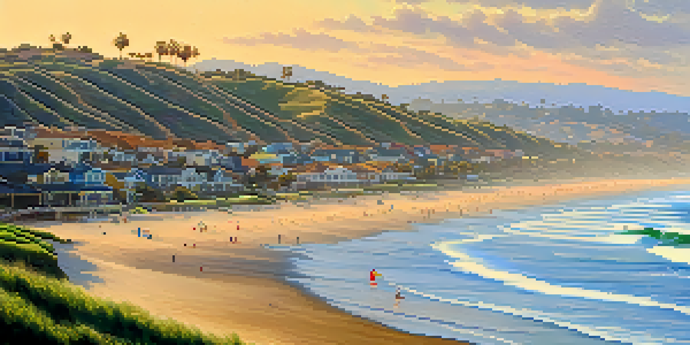 A tranquil sunset at Tamarack Beach with gentle waves, surfers, and beach umbrellas.