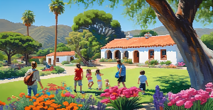 A family at Leo Carrillo Ranch Historic Park with adobe buildings and gardens, children exploring.