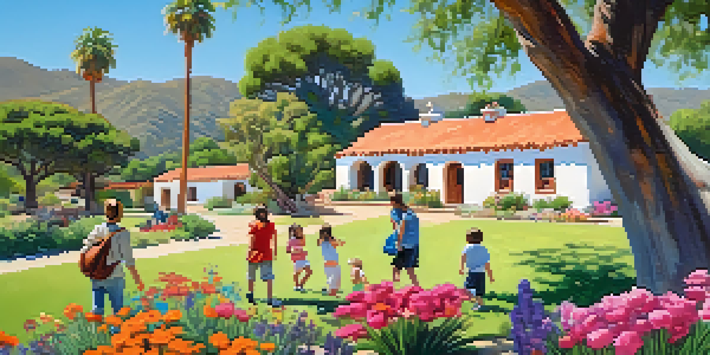 A family at Leo Carrillo Ranch Historic Park with adobe buildings and gardens, children exploring.