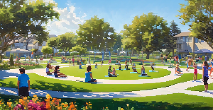 A lively community park with people participating in fitness classes and children playing, surrounded by greenery and colorful flowers.