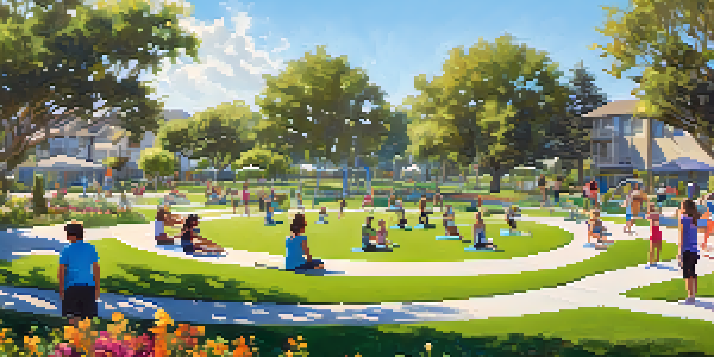 A lively community park with people participating in fitness classes and children playing, surrounded by greenery and colorful flowers.