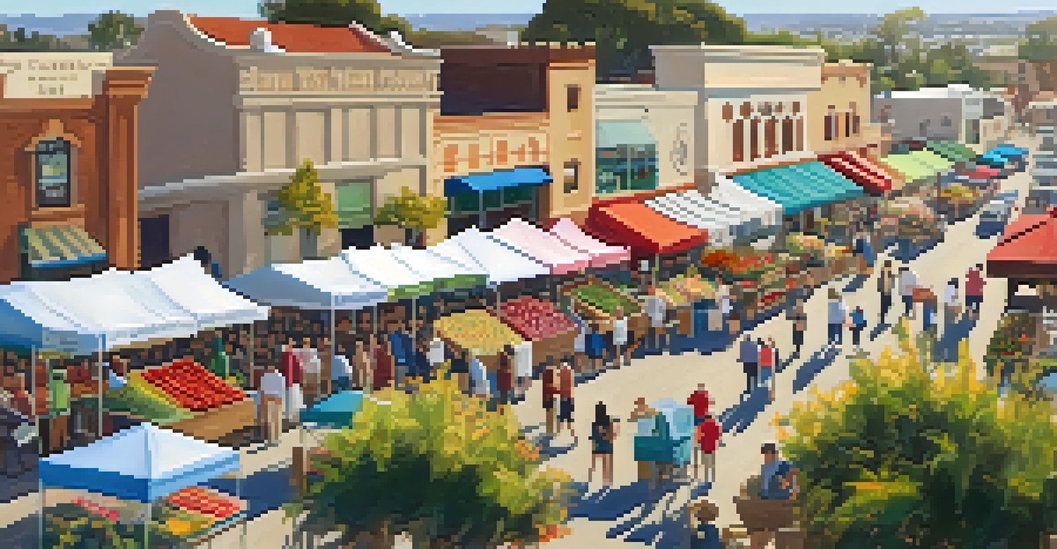 A lively farmers' market in Carlsbad with colorful stalls and shoppers.