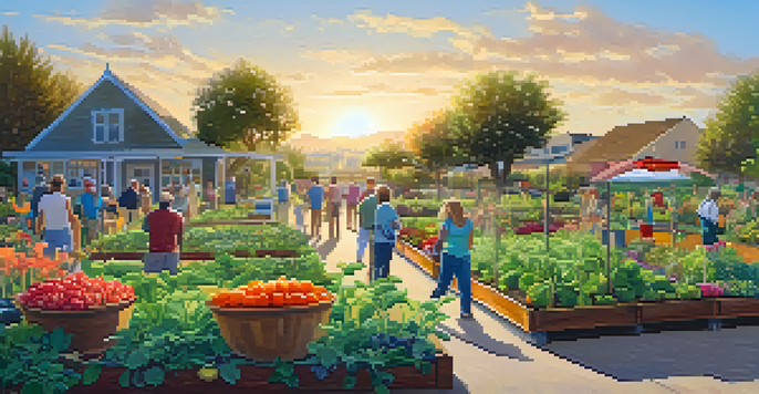 A lively community garden in Carlsbad with diverse people working together, surrounded by colorful plants and flowers under soft sunlight.