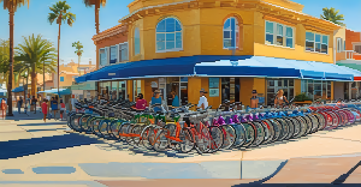 A lively bike rental shop in Carlsbad with colorful bicycles and a family choosing bikes.