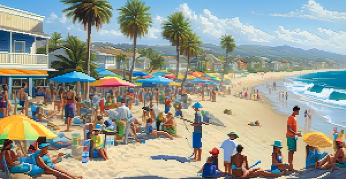 A community beach clean-up event in Carlsbad, with people picking up litter on a sunny beach surrounded by palm trees and colorful umbrellas.