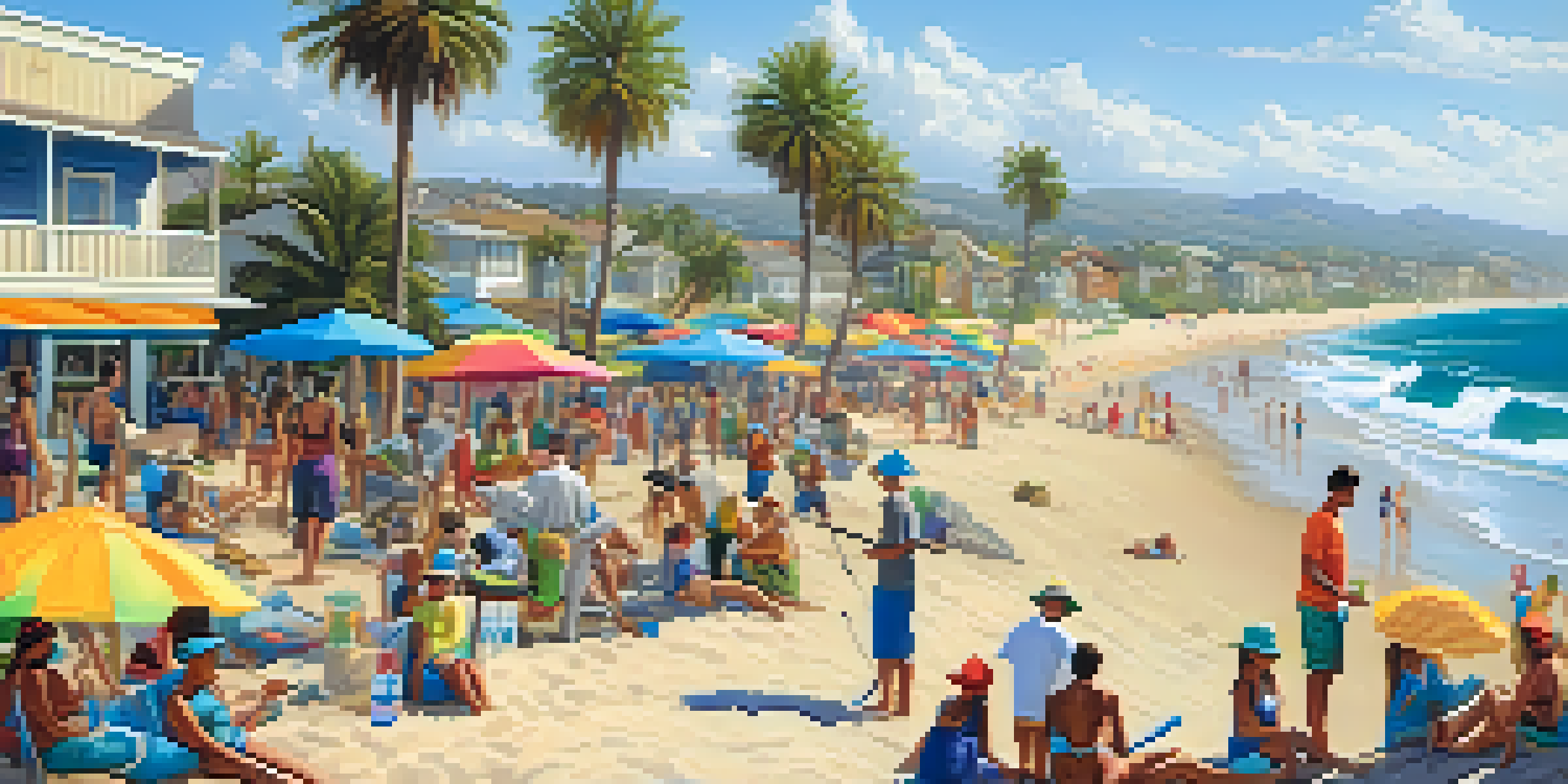A community beach clean-up event in Carlsbad, with people picking up litter on a sunny beach surrounded by palm trees and colorful umbrellas.