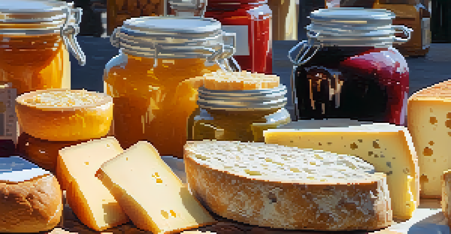 A close-up of a vendor's table displaying artisanal cheeses, homemade jams, and freshly baked bread at a farmers market.