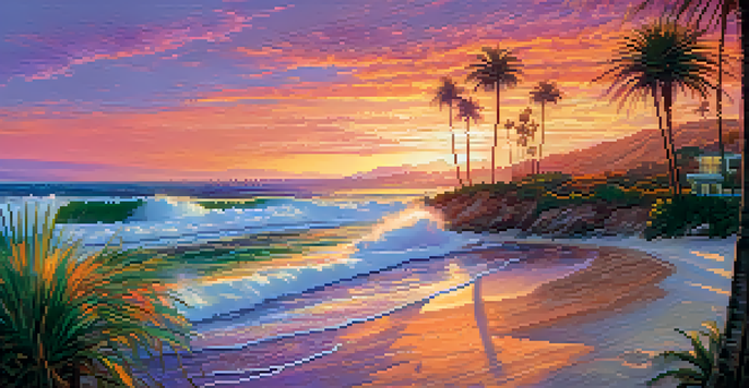 A beautiful sunset over the coastline, with colorful skies and surfers in the water.