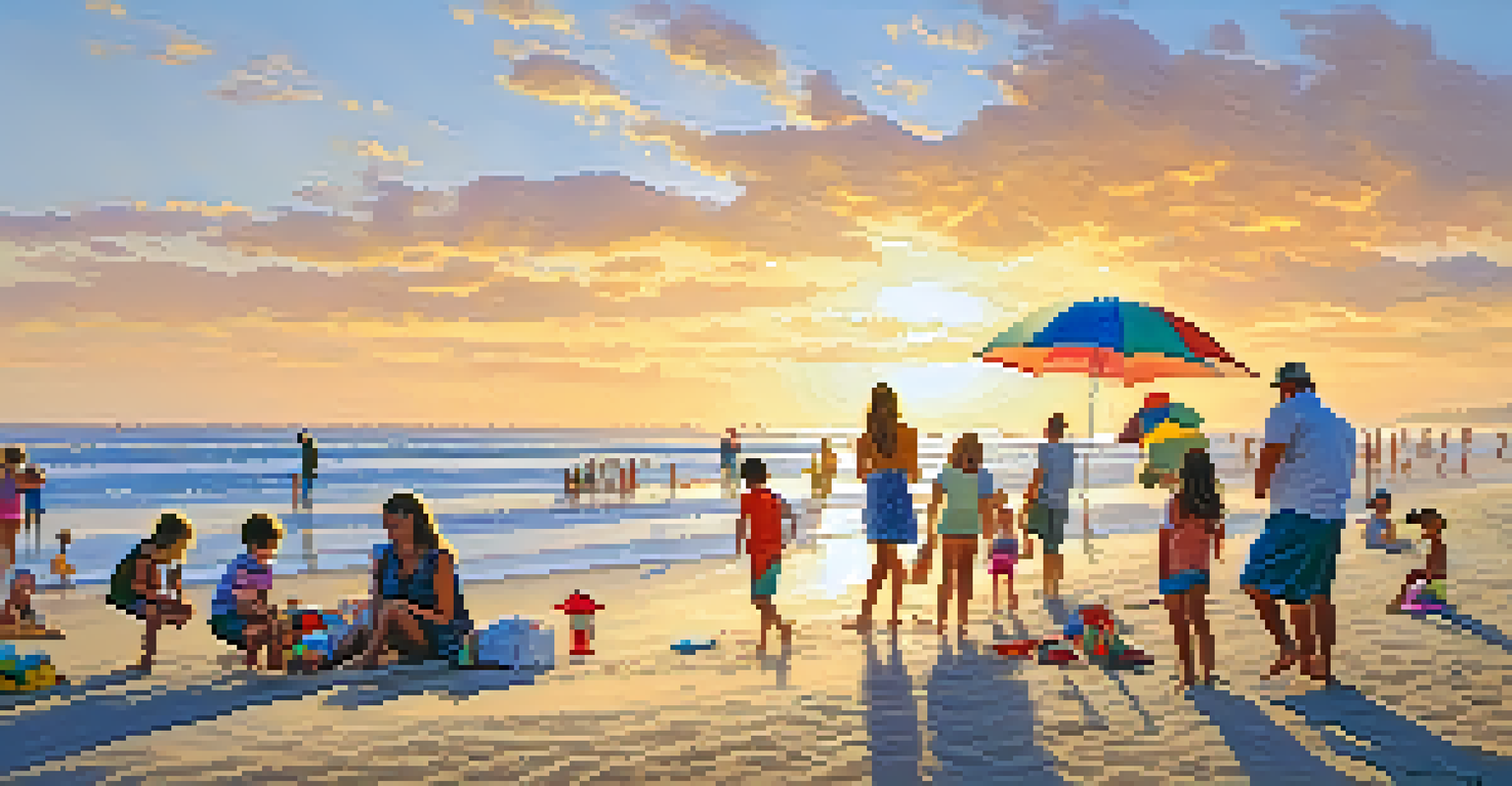 A vibrant summer day at Carlsbad State Beach, with families enjoying the sun, building sandcastles, and playing in the surf as the sun sets.