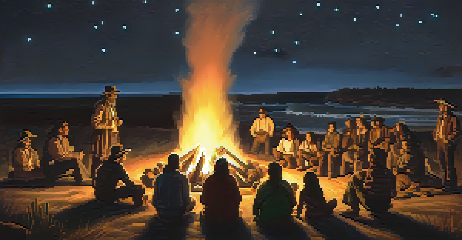 Early settlers and Native Americans gathered around a campfire, with glowing orbs of light illuminating the horizon in the background.