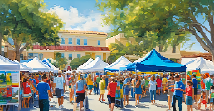 A lively community health fair in Carlsbad with diverse families and local organizations providing health services under a blue sky.