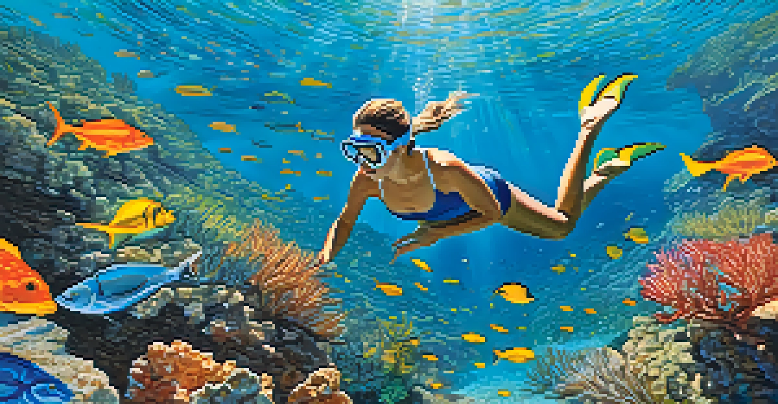A snorkeler exploring a colorful underwater scene filled with fish and coral in clear water.