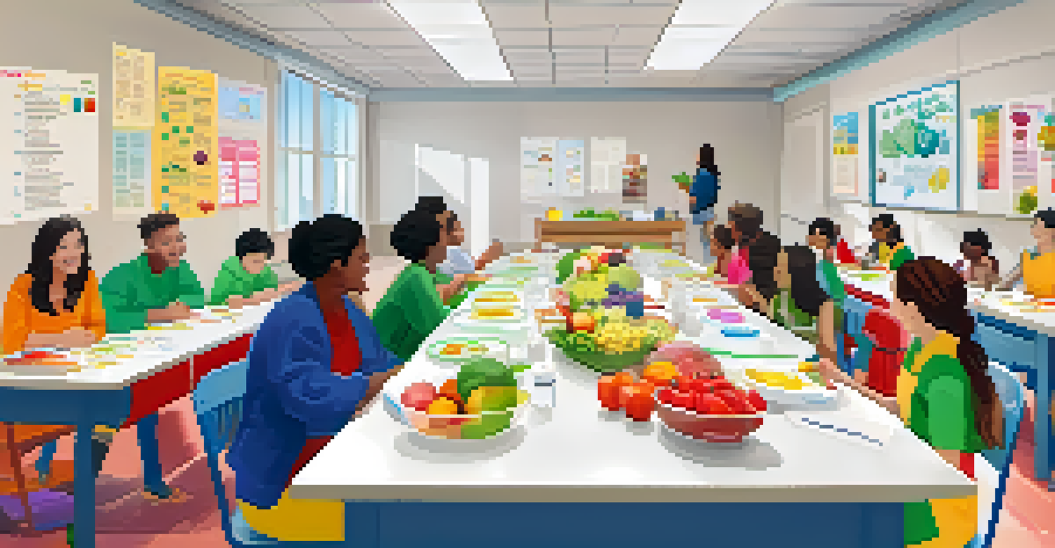 A classroom setting for a nutrition workshop, featuring a table with recipe handouts and fresh produce, with participants discussing enthusiastically.