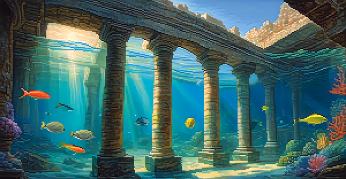 An underwater view of a mythical submerged city with ancient ruins, coral reefs, and vibrant marine life, illuminated by sunlight.