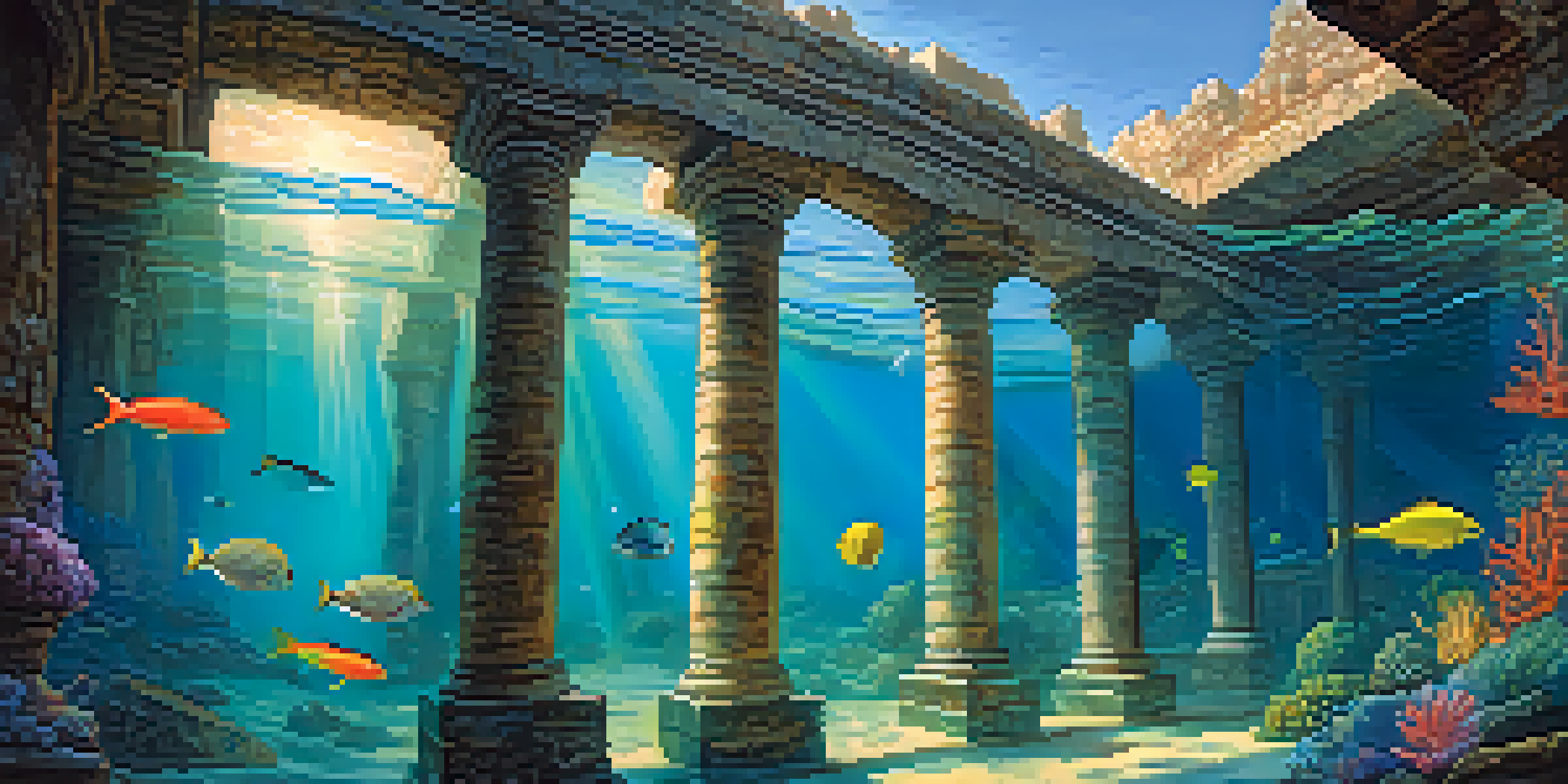 An underwater view of a mythical submerged city with ancient ruins, coral reefs, and vibrant marine life, illuminated by sunlight.