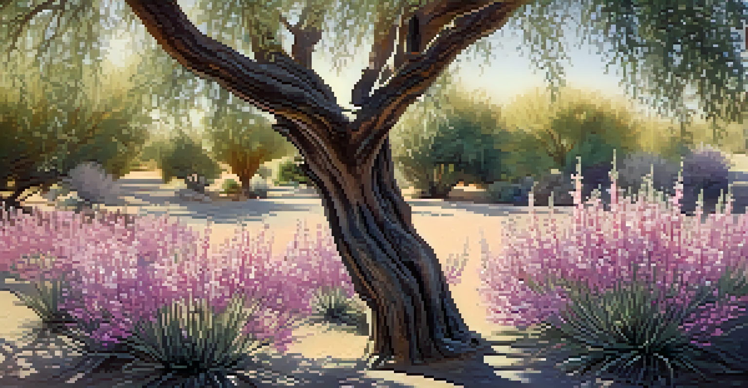 A peaceful garden scene with a Desert Willow tree and White Sage plants, illuminated by soft sunlight, showcasing their pink and lavender flowers.