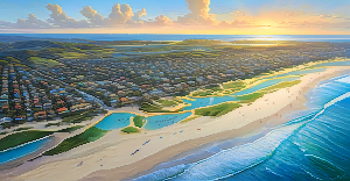 Aerial view of Carlsbad's coastline with blue waters, sandy beaches, green lagoons, and surfers during sunset.