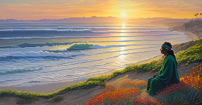 A peaceful coastal scene in Carlsbad with wildflowers in the foreground and a Luiseño elder silhouette at sunset.