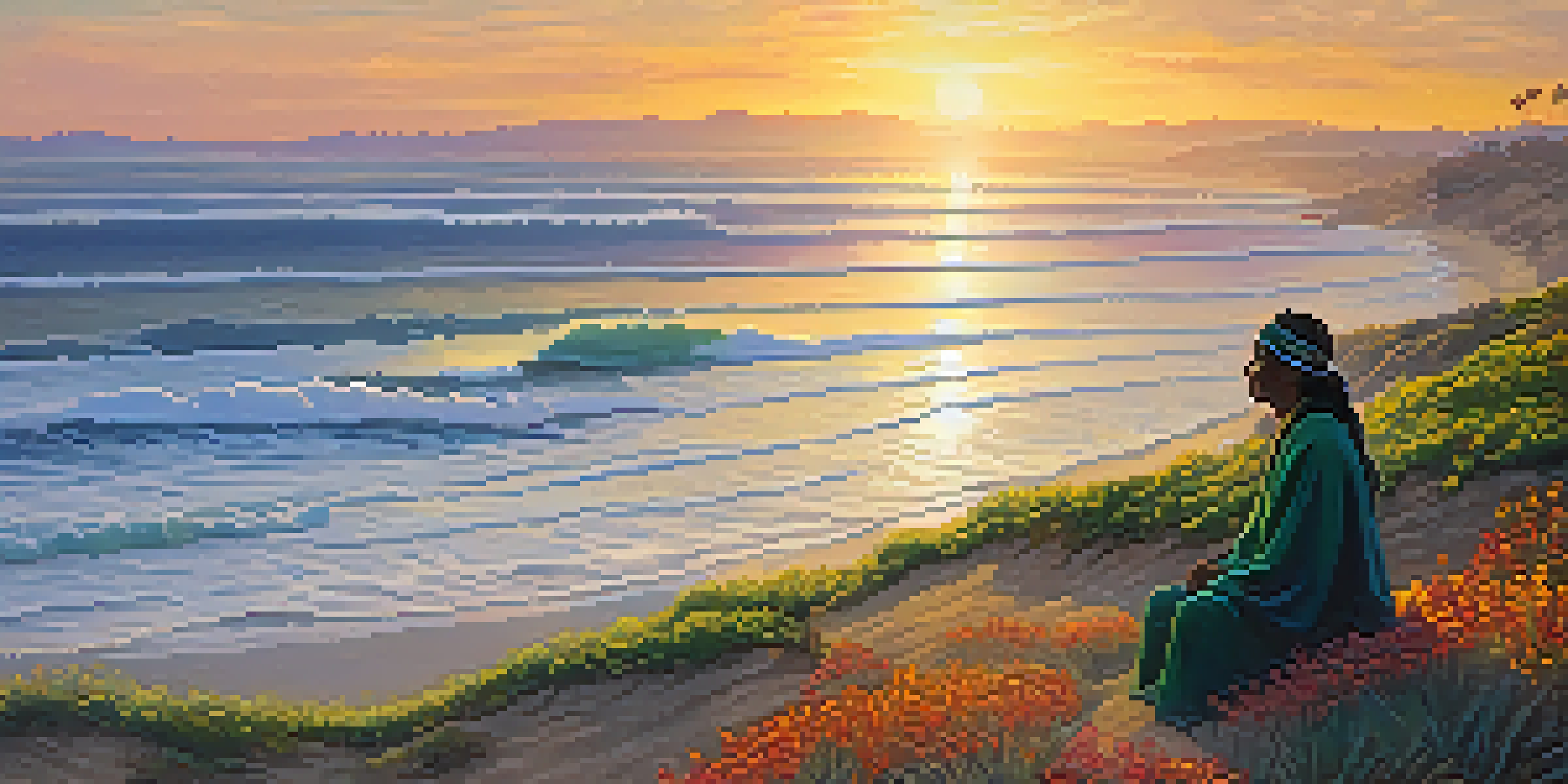 A peaceful coastal scene in Carlsbad with wildflowers in the foreground and a Luiseño elder silhouette at sunset.