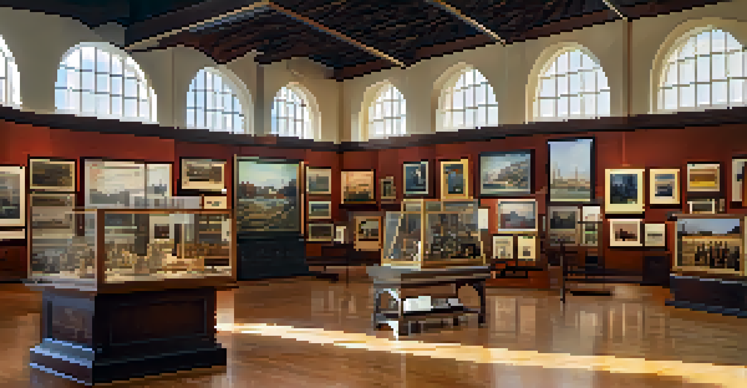 A well-lit interior of the Carlsbad Museum showcasing historical artifacts and photographs with natural light illuminating the exhibits.