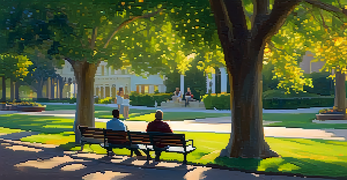 A peaceful park in Carlsbad with people talking and a therapist in conversation with a client, surrounded by greenery and colorful flowers.