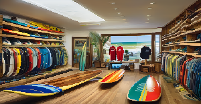 Interior of a colorful surf shop in Carlsbad with surfboards, apparel, and sunlight streaming in.