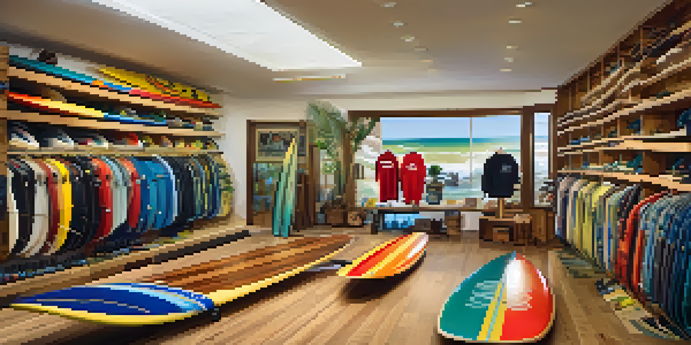 Interior of a colorful surf shop in Carlsbad with surfboards, apparel, and sunlight streaming in.