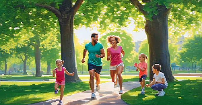 A family of four enjoying a playful outdoor exercise in a park with green trees and sunshine.