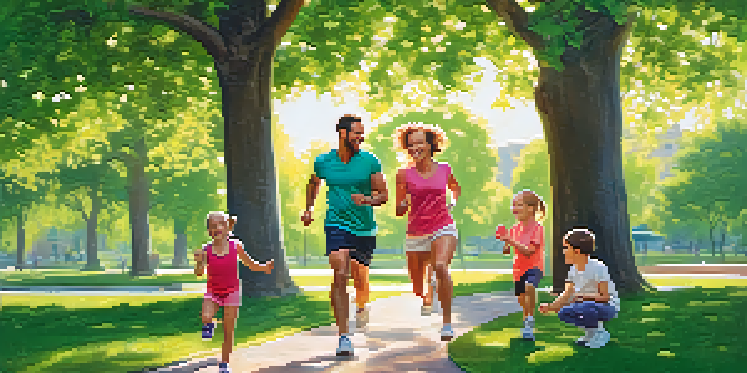 A family of four enjoying a playful outdoor exercise in a park with green trees and sunshine.