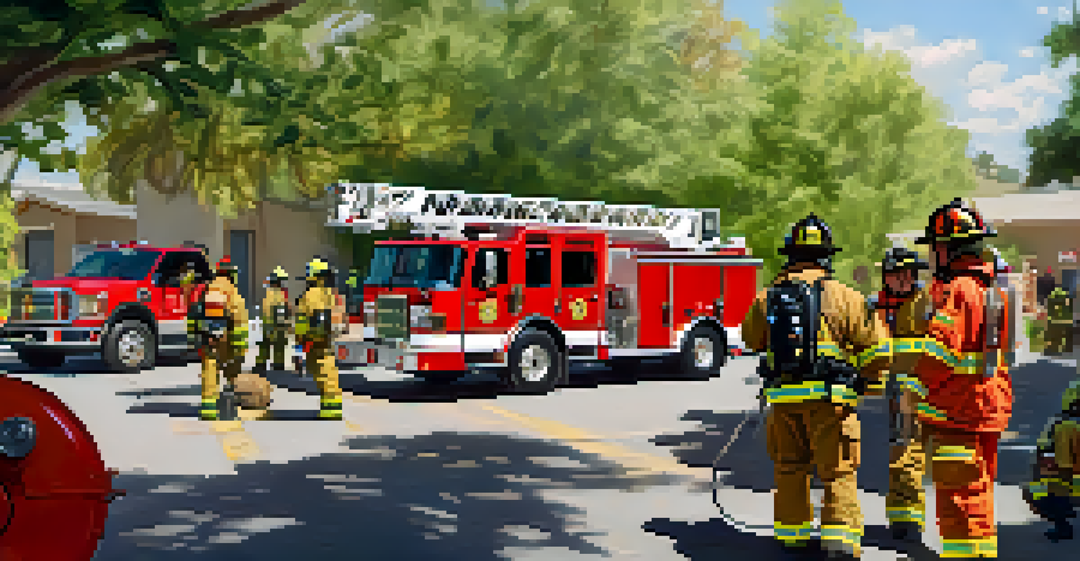Volunteers from Carlsbad's fire department engaged in training with modern firefighting gear and equipment in an outdoor setting.