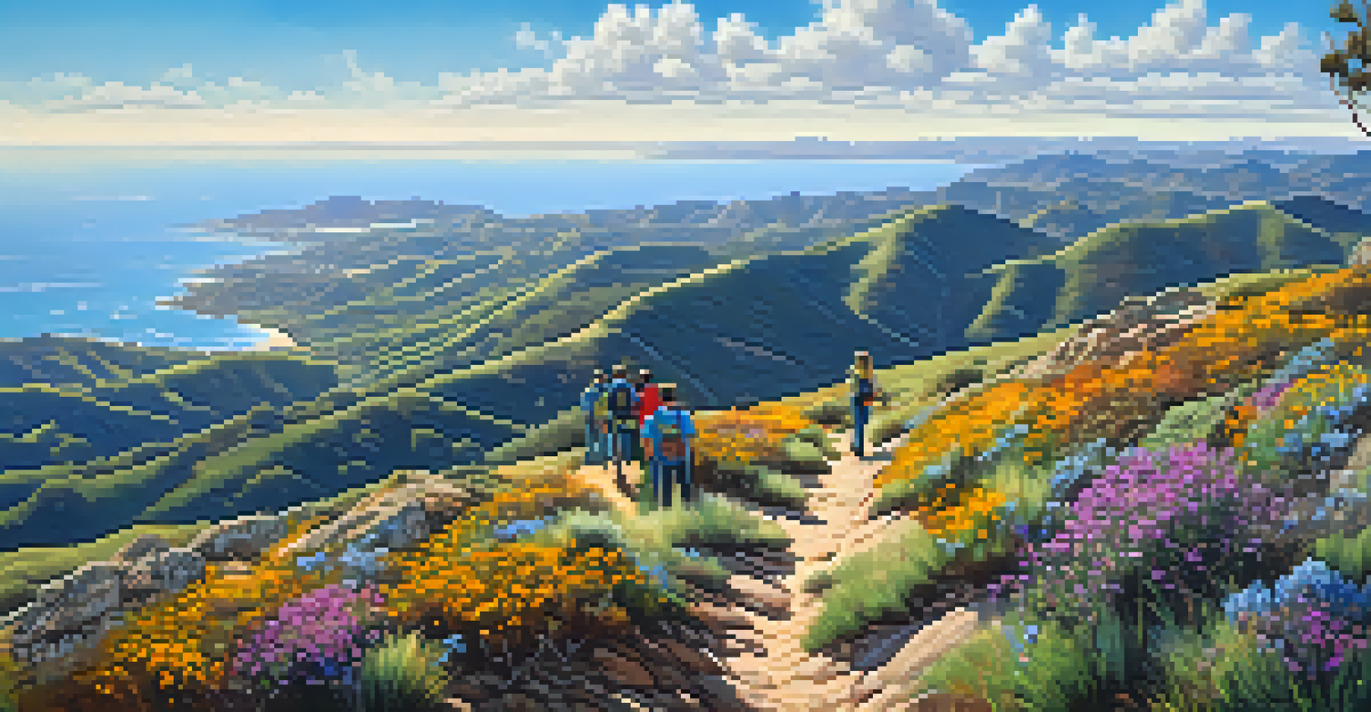 A wide view from a hilltop showing hikers, colorful wildflowers, rocky ground, and distant hills leading to the ocean under a blue sky.