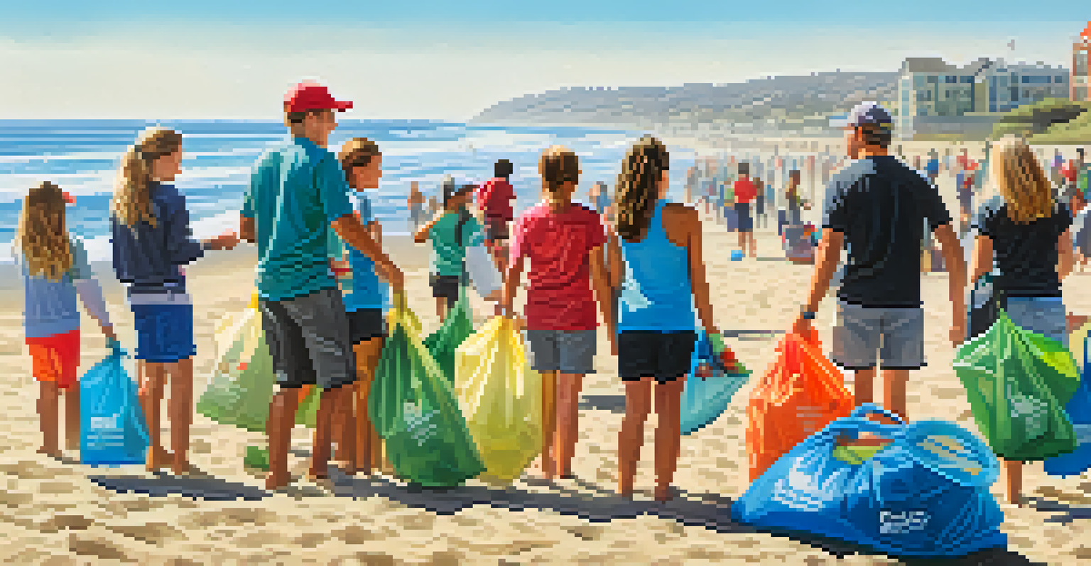 A group of surfers and families participating in a beach clean-up at Carlsbad, showing teamwork and community spirit against a backdrop of the ocean.