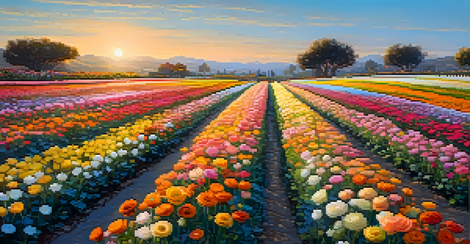 A picturesque view of the Carlsbad Flower Fields filled with colorful flowers under a sunny sky, with visitors walking along the pathways.